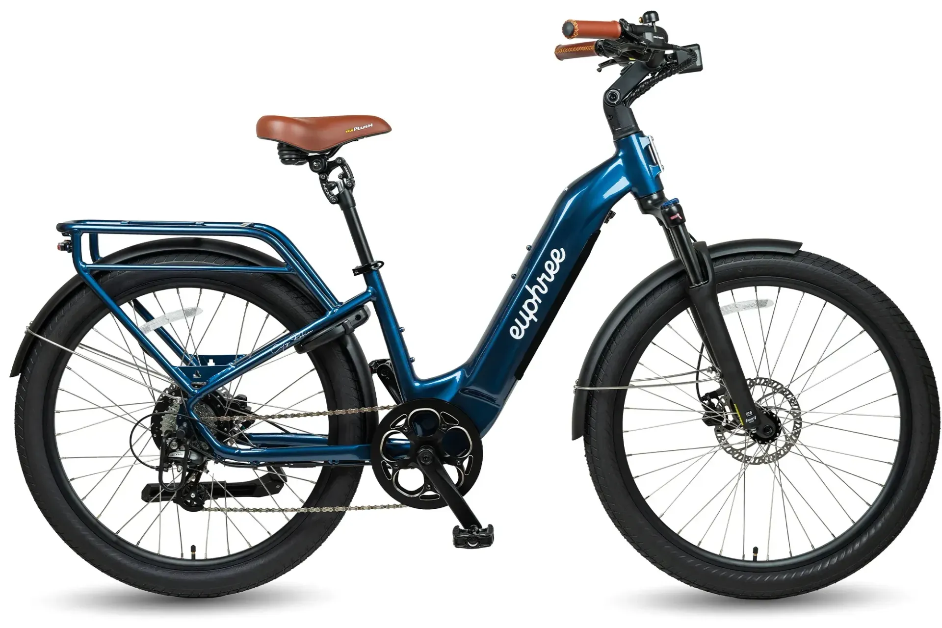 A blue electric bike with a brown seat on a white background.