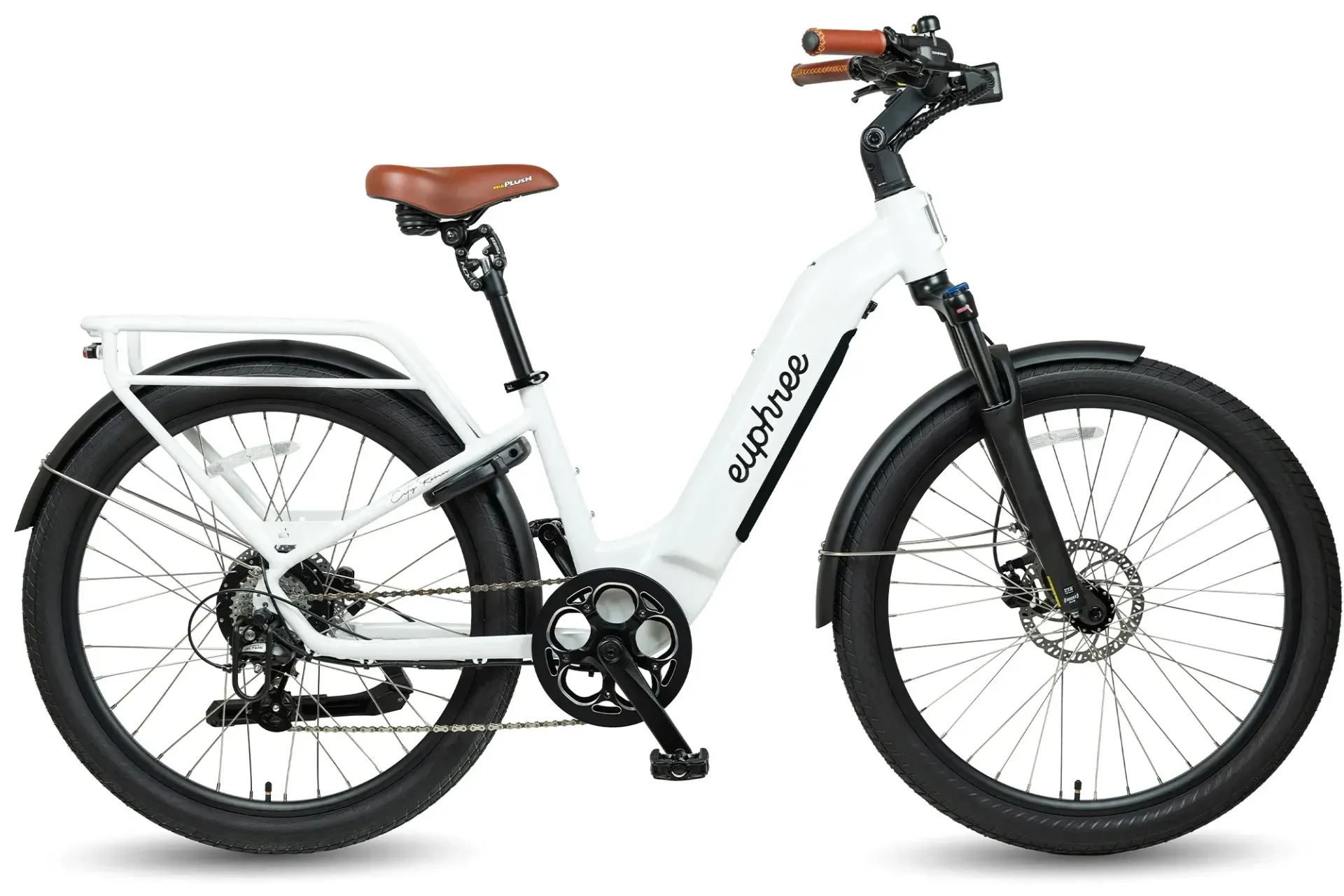 A white electric bike with a brown seat on a white background.