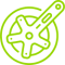 A green line drawing of a bicycle crank and wheel.