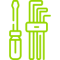 A green icon of a screwdriver and a wrench on a white background.