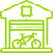 A bicycle is parked in a garage.