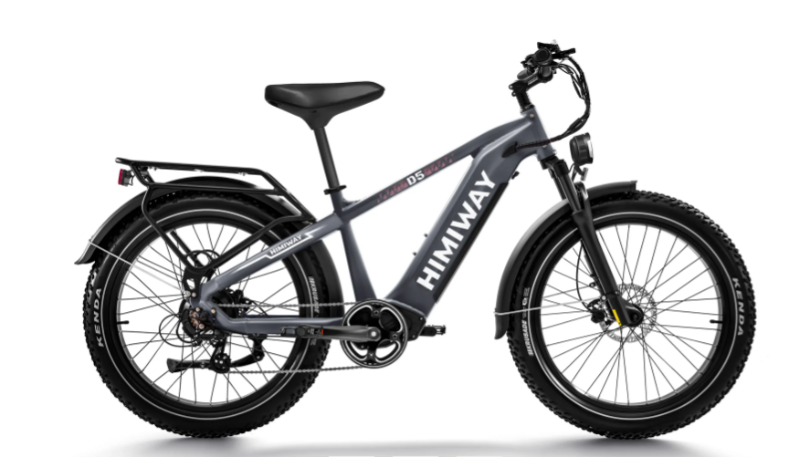 A gray and black electric bike is sitting on a white surface.
