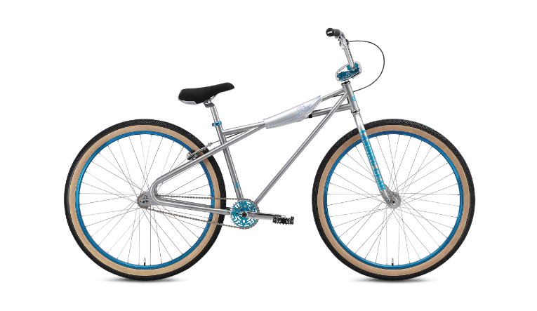A silver bicycle with blue wheels on a white background.