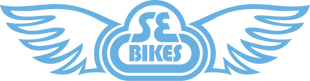 A blue logo for se bikes with wings on a white background