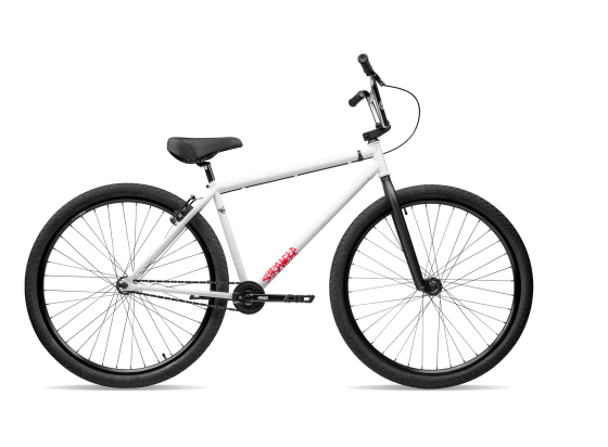 A white bmx bike with black tires on a white background.