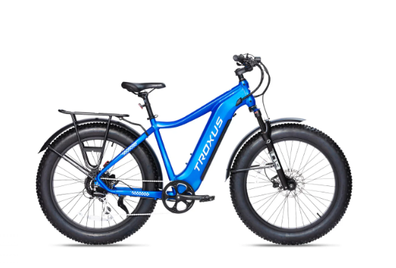 A blue bicycle with a large tire on a white background.