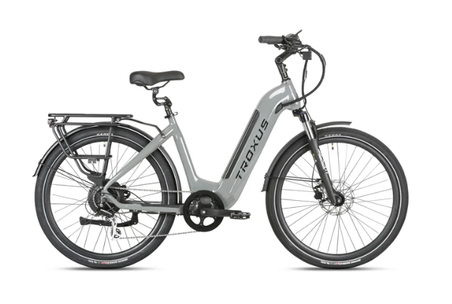 A gray and black electric bike with a rear rack on a white background.