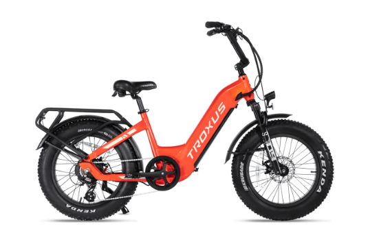 A red electric bike with a large tire on a white background.