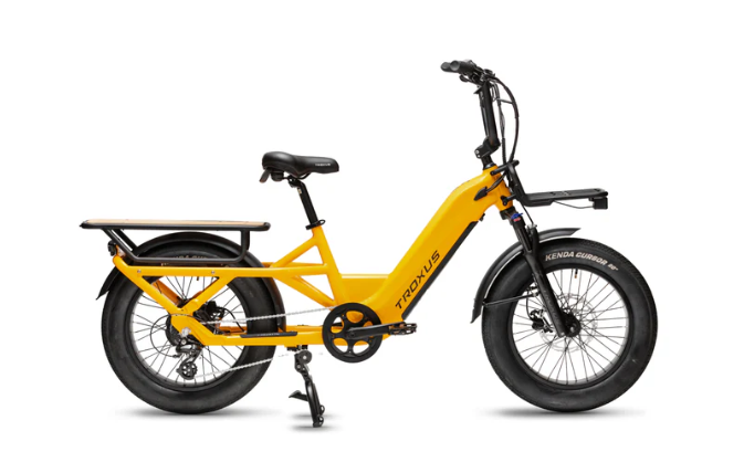 A yellow electric bike with a black fender on a white background.