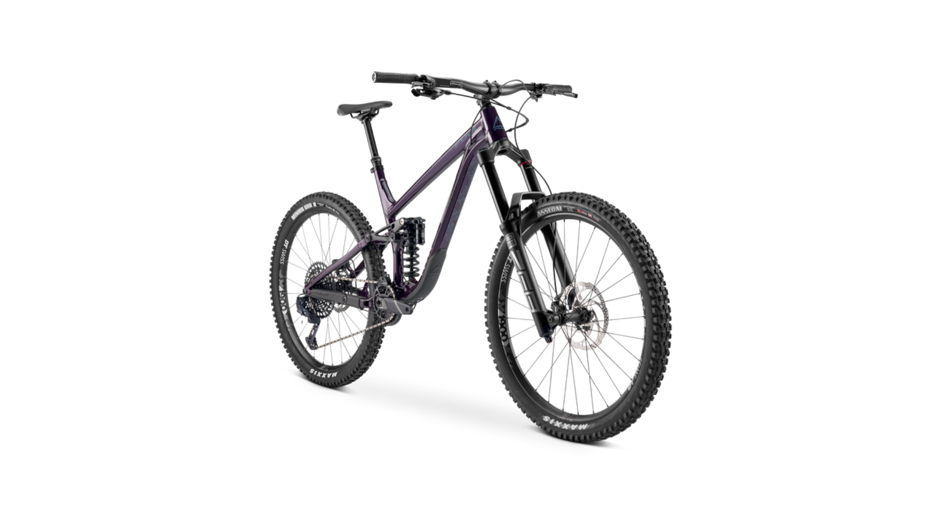 A purple mountain bike is on a white background.