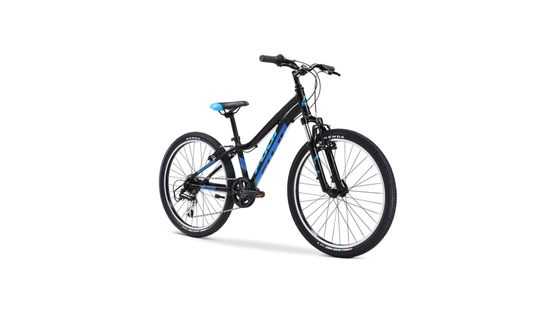 A black and blue bicycle on a white background.