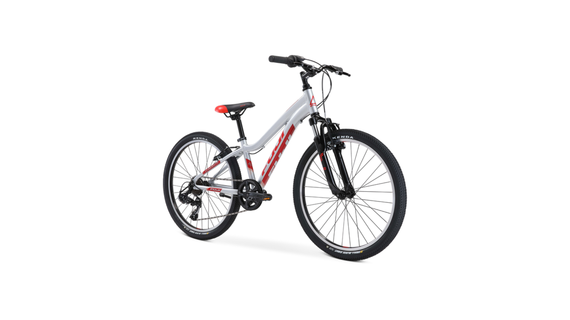 A white and red bicycle on a white background.