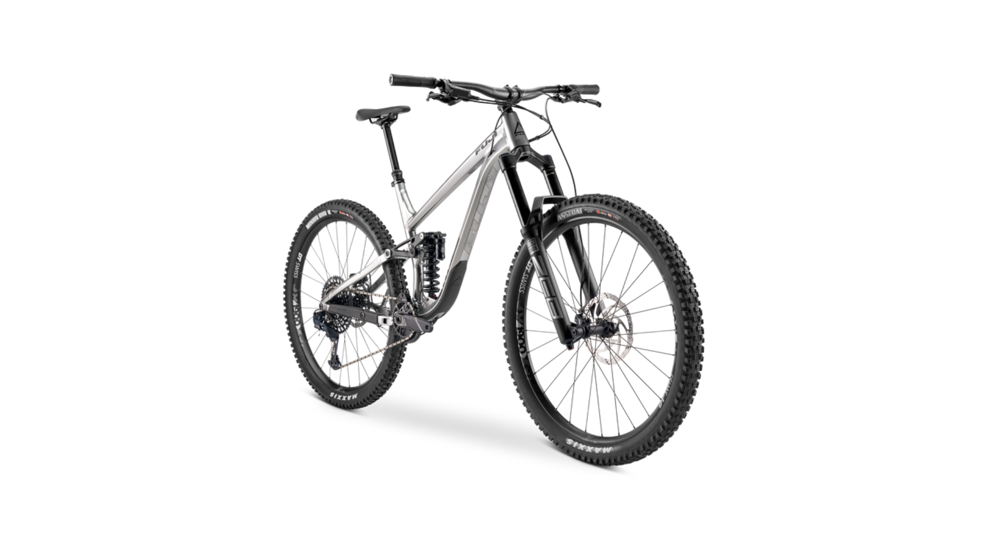 A black and white photo of a mountain bike on a white background.