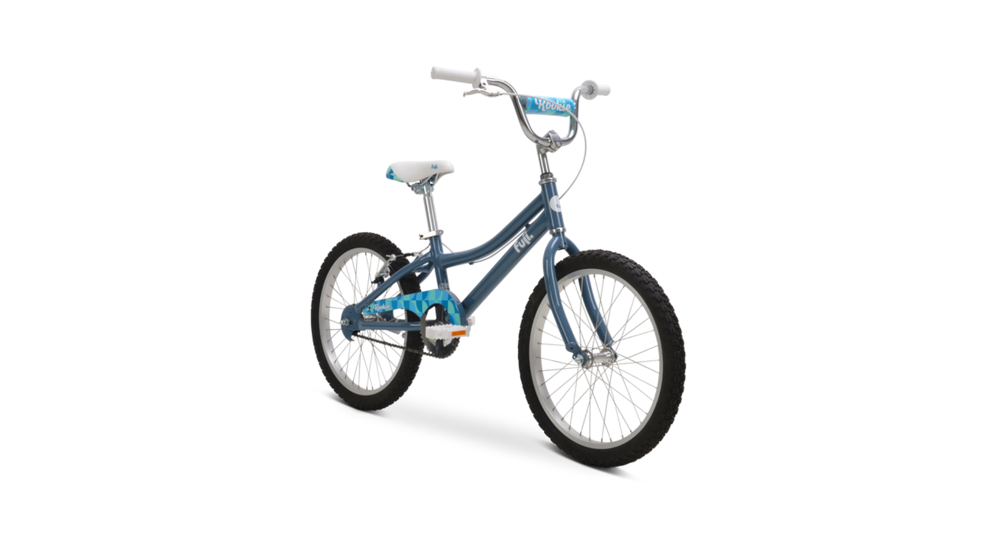 A blue and white bicycle on a white background.