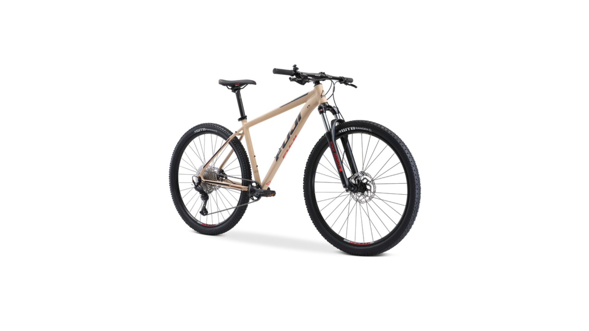 A bicycle is sitting on a white surface.