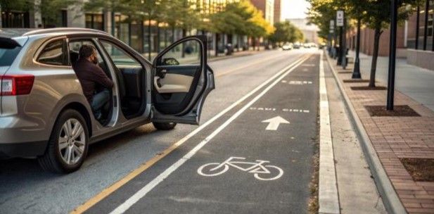 A car door open on a bike lane. The car is parked in the bike lane. A person is inside the car.
