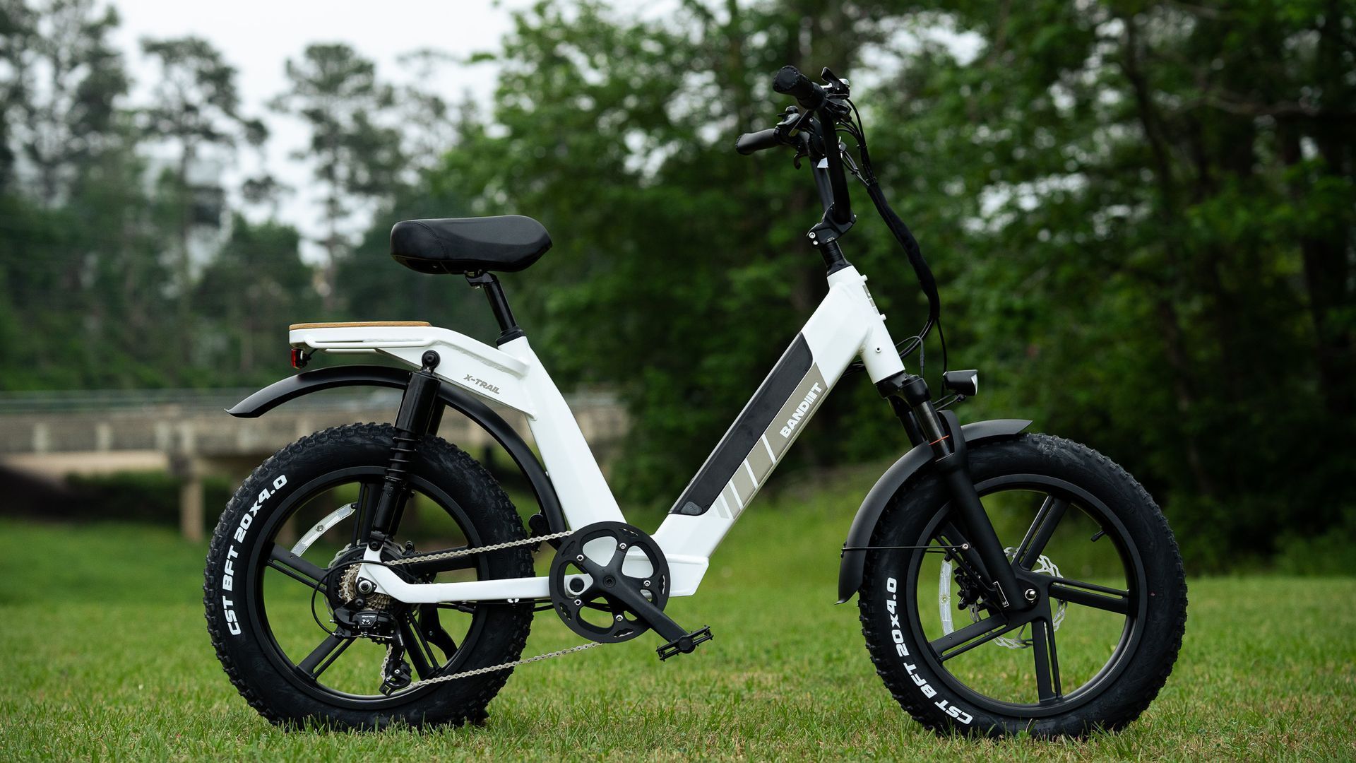 A white electric bike is sitting on top of a lush green field.