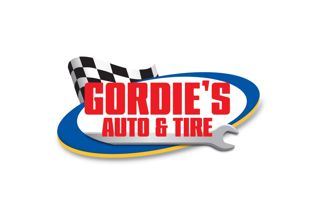 Gordie's Auto & Tire logo with red text, blue and yellow outline, a checkered flag, and a wrench.