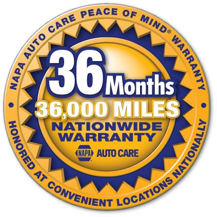 NAPA Auto Care warranty badge: 36 months/36,000 miles nationwide coverage, in gold, blue, and white.