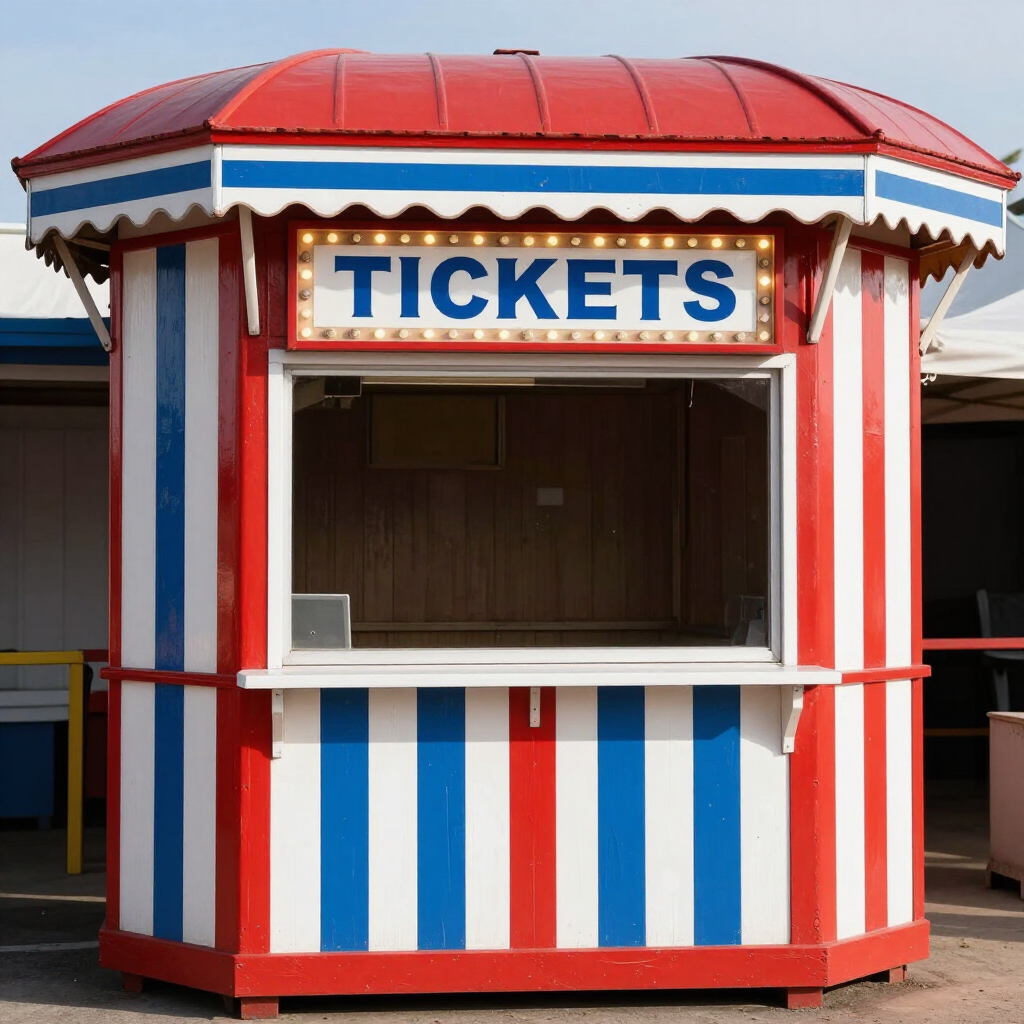 Red, white, and blue ticket booth with a large 