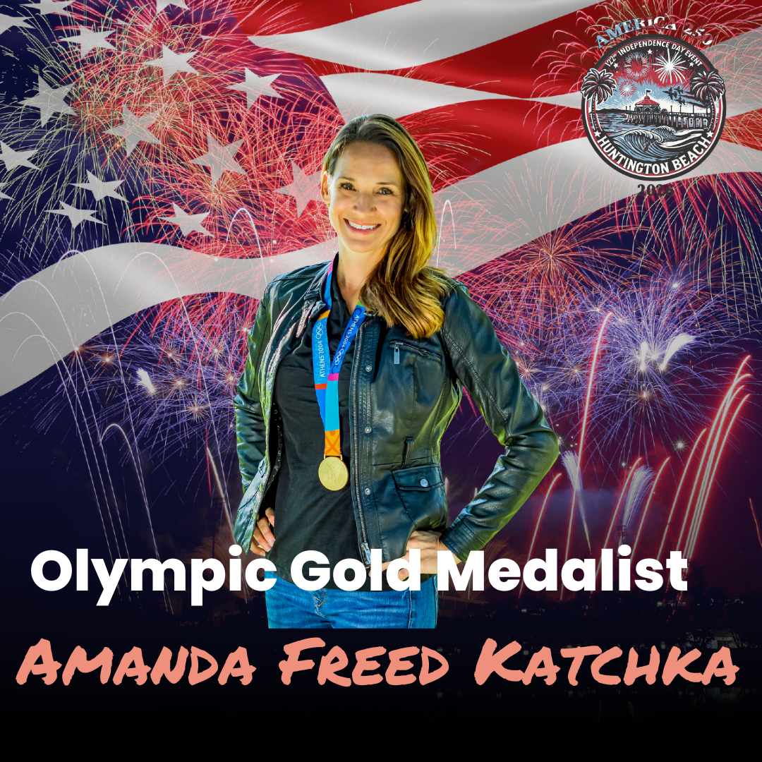 Amanda Freed Katchka with gold medal, Olympic title text, fireworks, and American flag backdrop