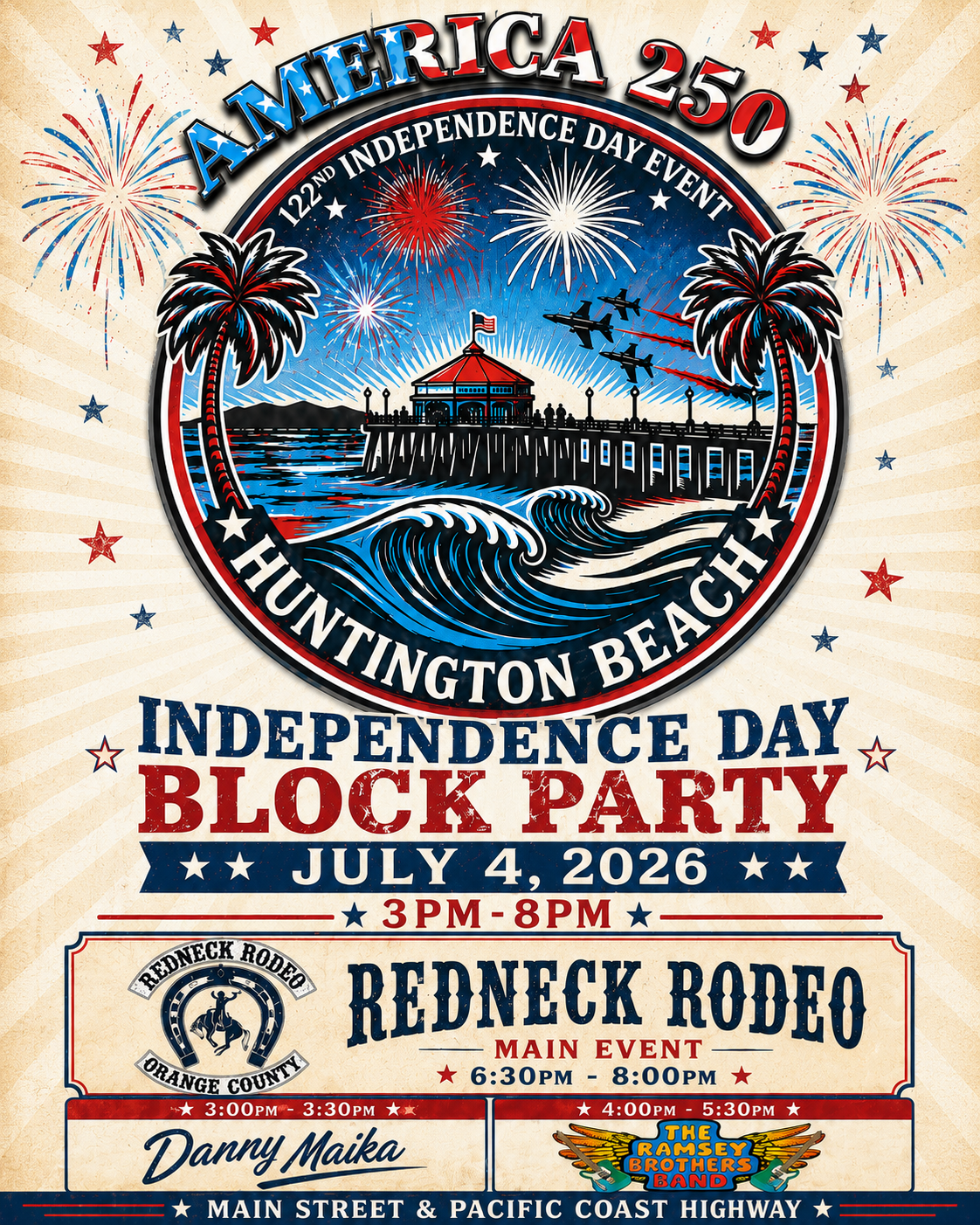 Huntington Beach Independence Day Block Party poster with fireworks, pier, beach, and Rodeo Event details