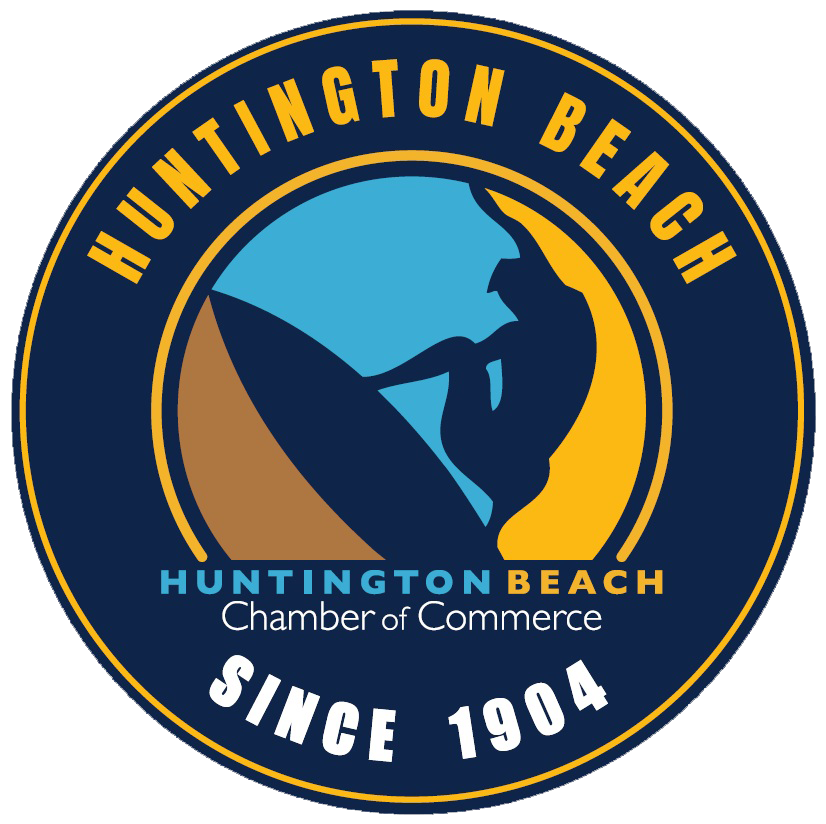 Huntington Beach Chamber of Commerce logo with surfer silhouette and “Since 1904” text