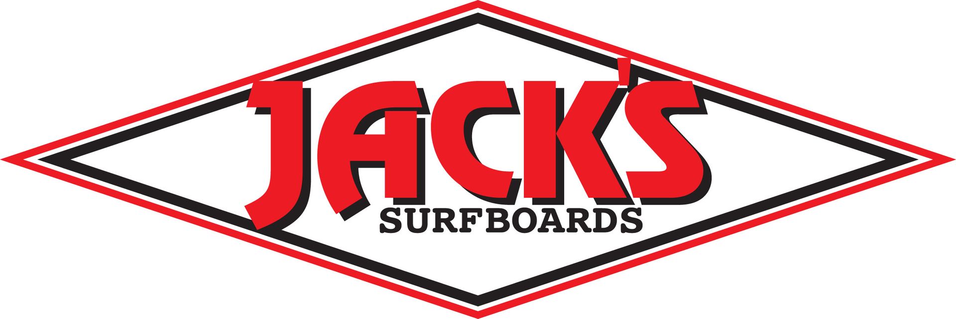 Logo for Jack's Surfboards. Red text on white diamond-shaped background, outlined in black and red.