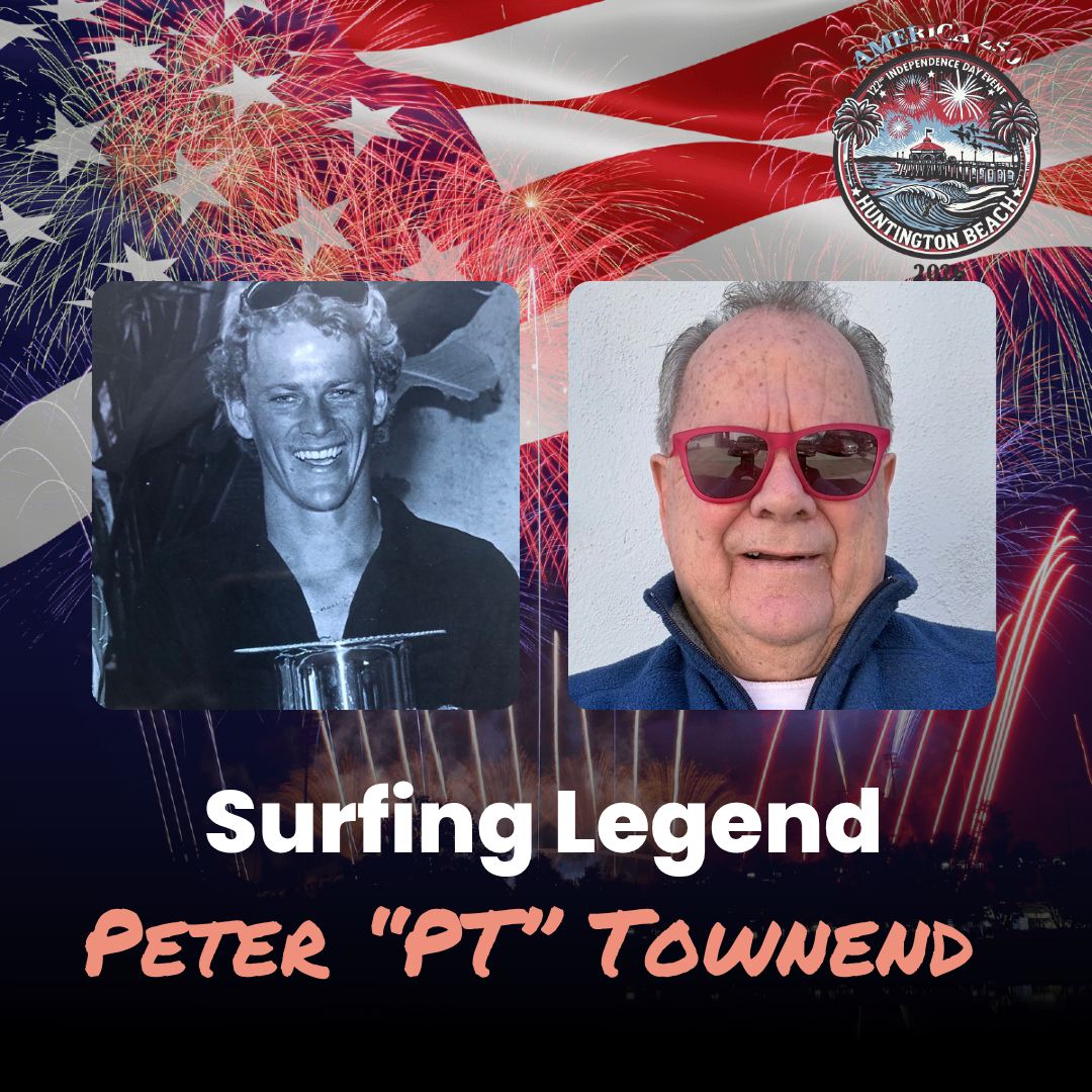 Collage honoring surfing legend Peter “PT” Townsend with two portraits over an American flag background