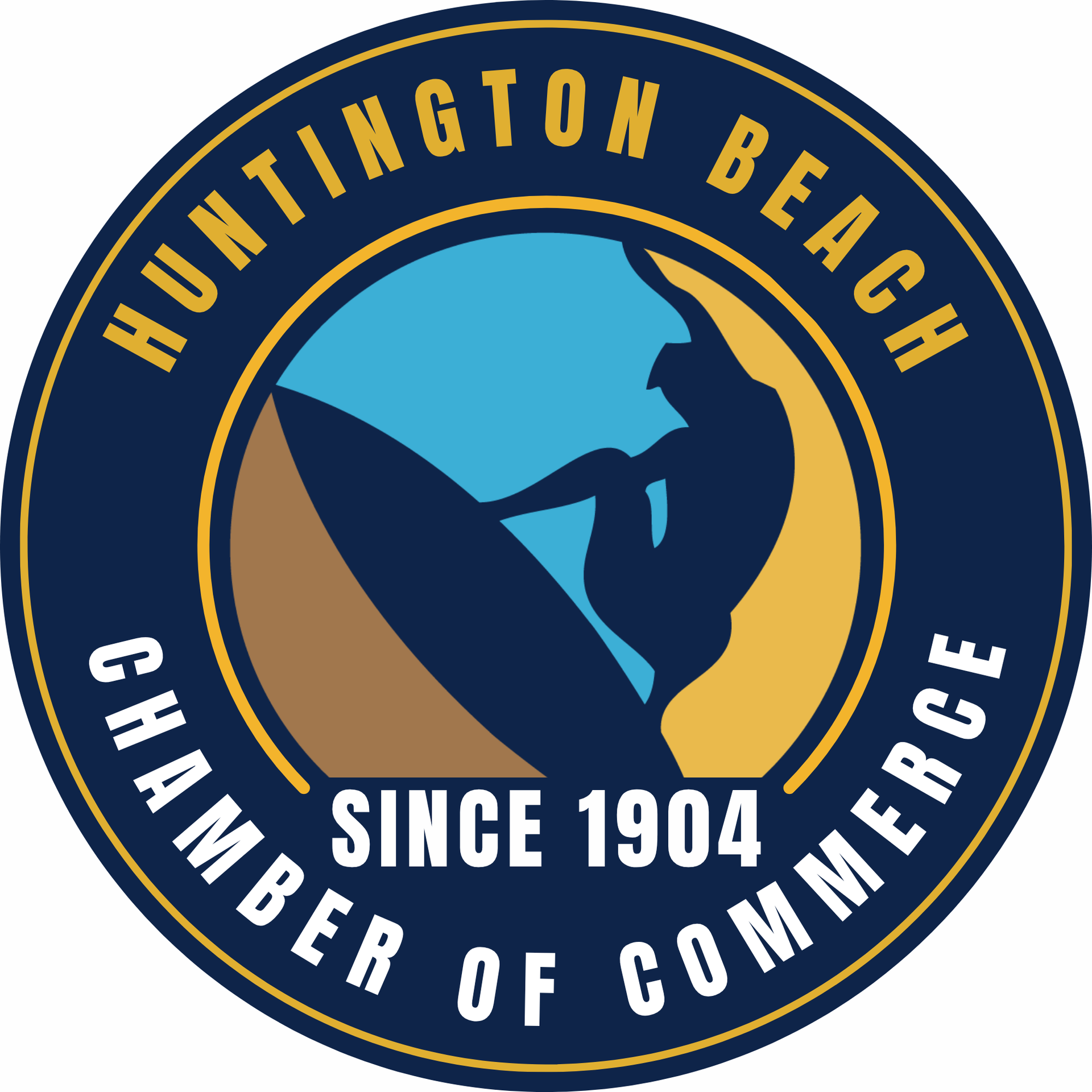 Huntington Beach Chamber of Commerce logo with surfer silhouette, blue and gold круг emblem, “Since 1904”