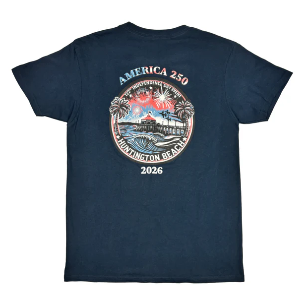 Navy blue t-shirt with a colorful graphic of fireworks over Huntington Beach, California; 