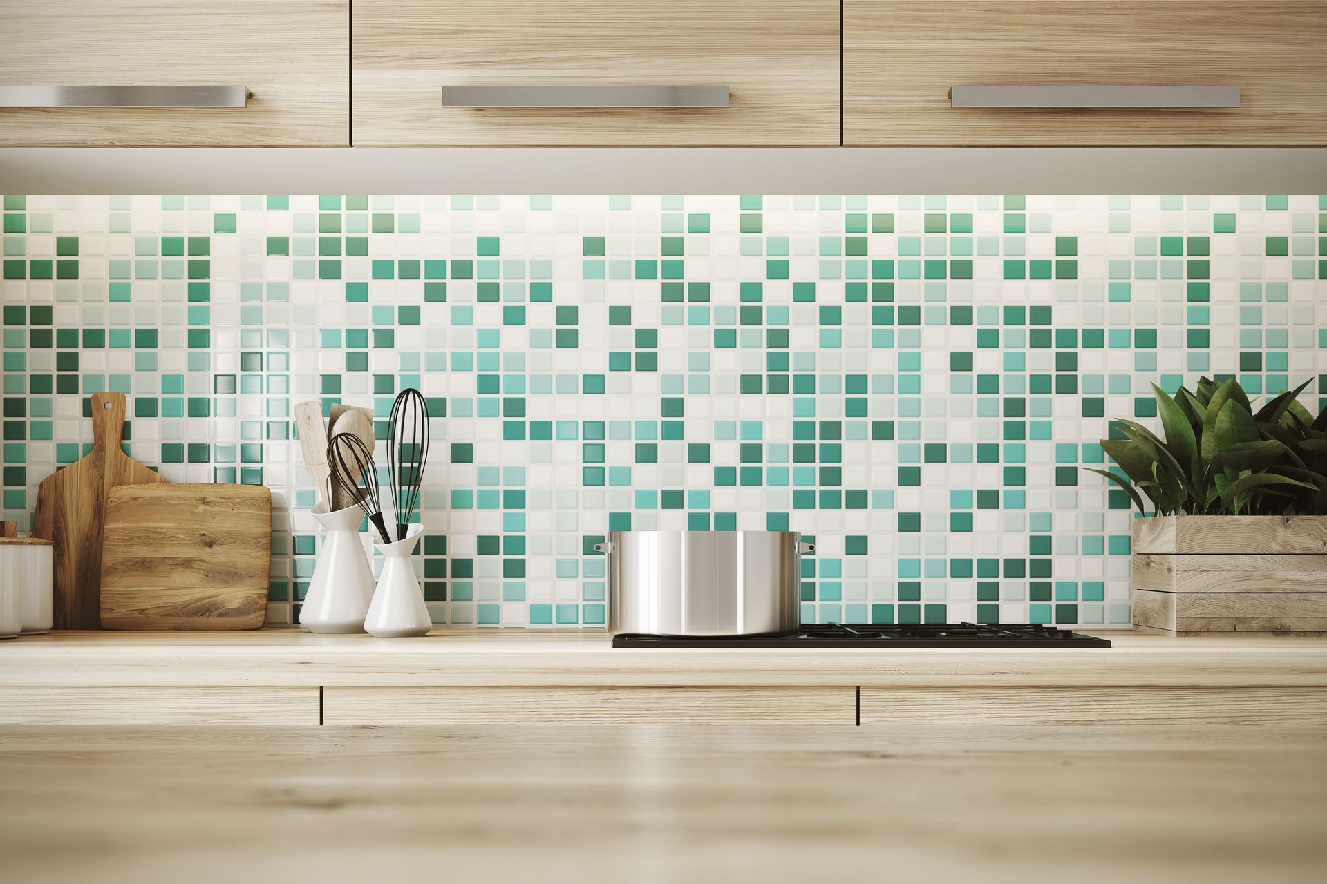 A kitchen with a mosaic tile backsplash and wooden cabinets.