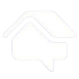 White speech bubble overlapping a white house shape, possibly indicating a home-related conversation.