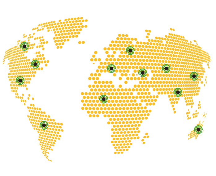 A map of the world with green dots on it