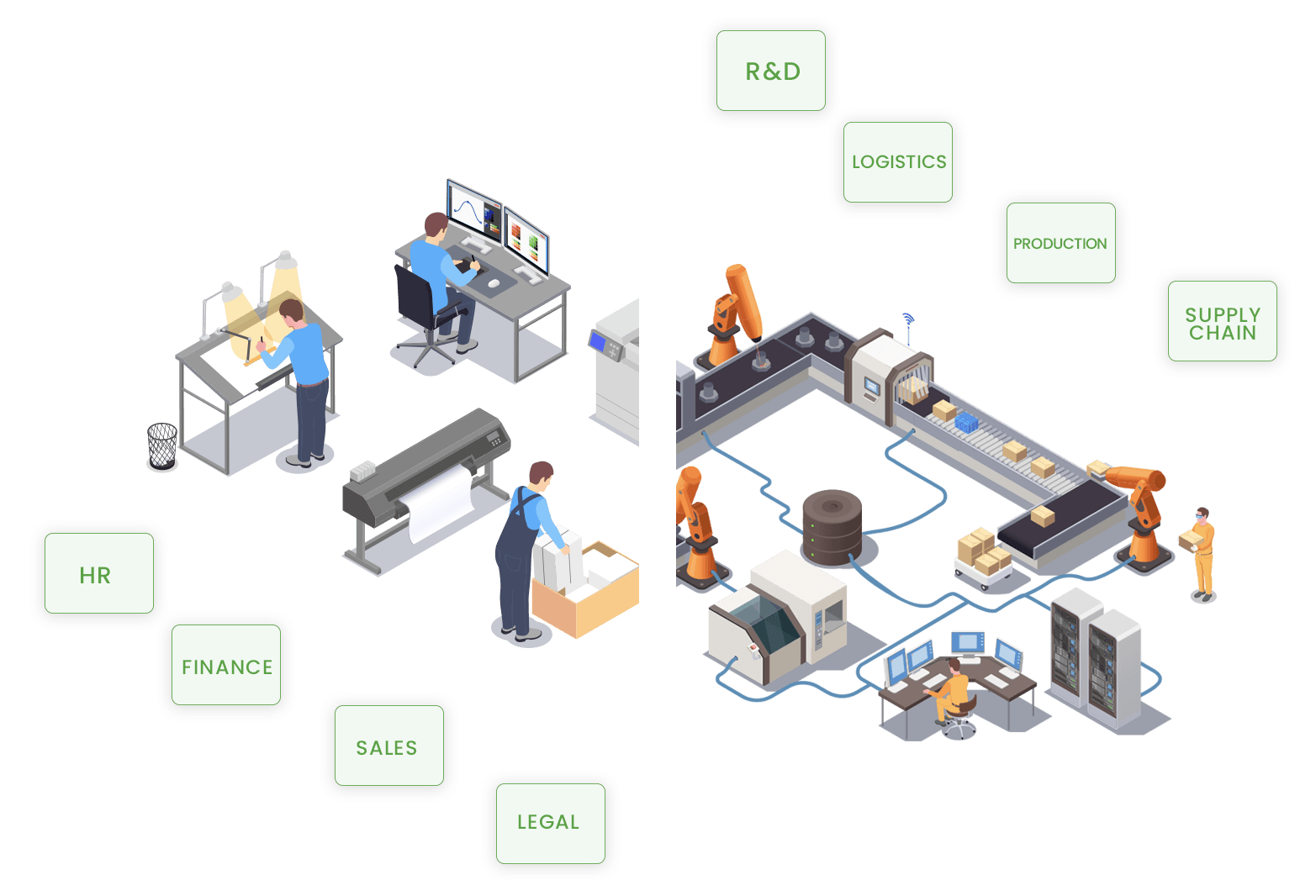 An isometric illustration of a factory with workers and robots.