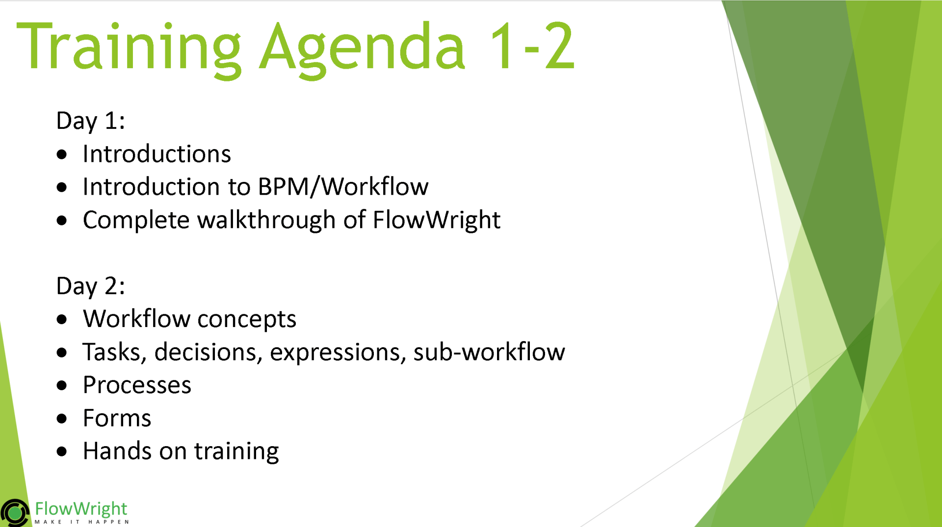 A training agenda for day 1 and day 2