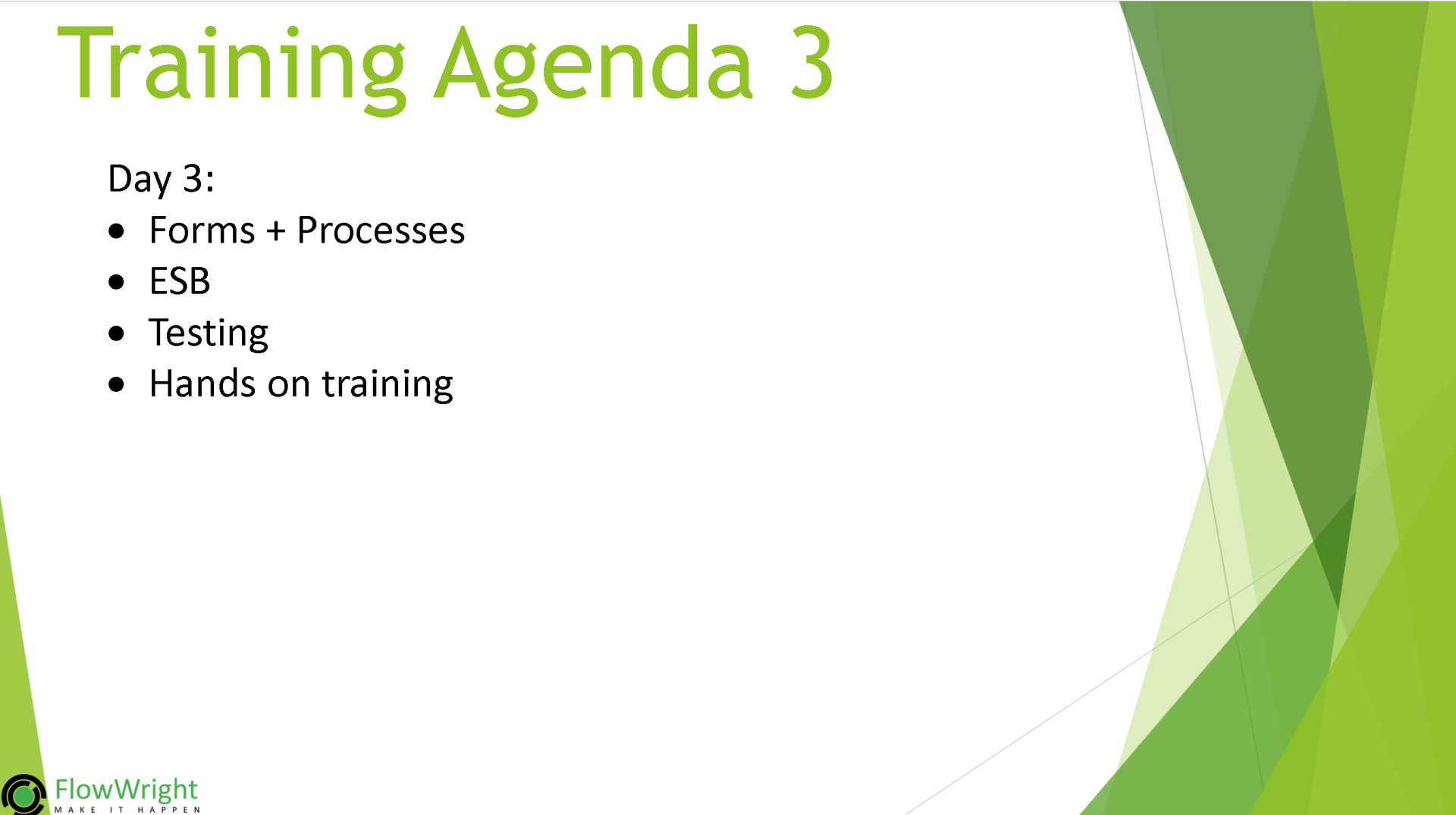 A green and white presentation with the words training agenda 3 on it