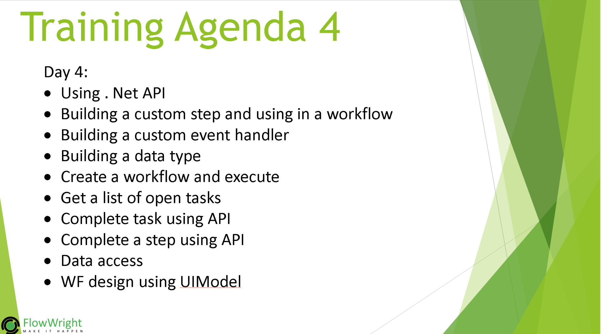 A training agenda for day 4 includes using net api