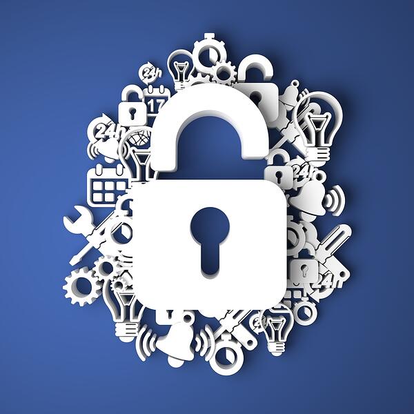 A white padlock is surrounded by white icons on a blue background
