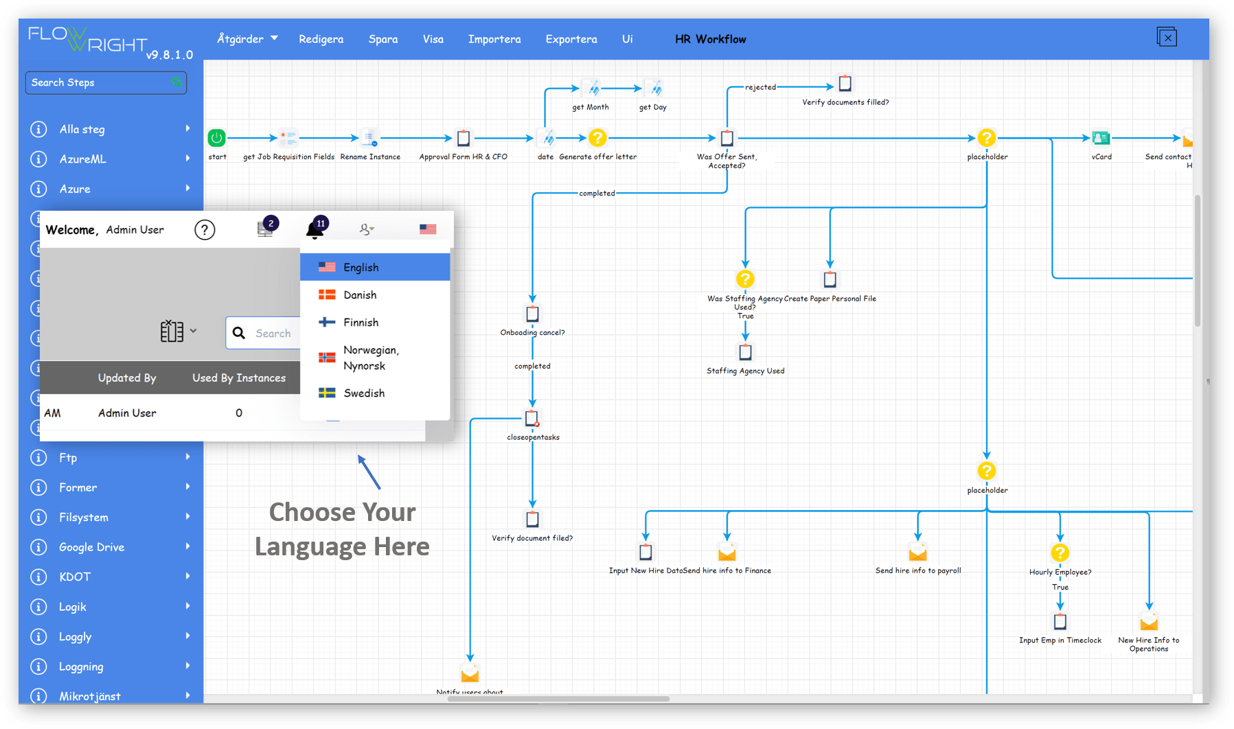 A computer screen shows a flow chart and says choose your language here