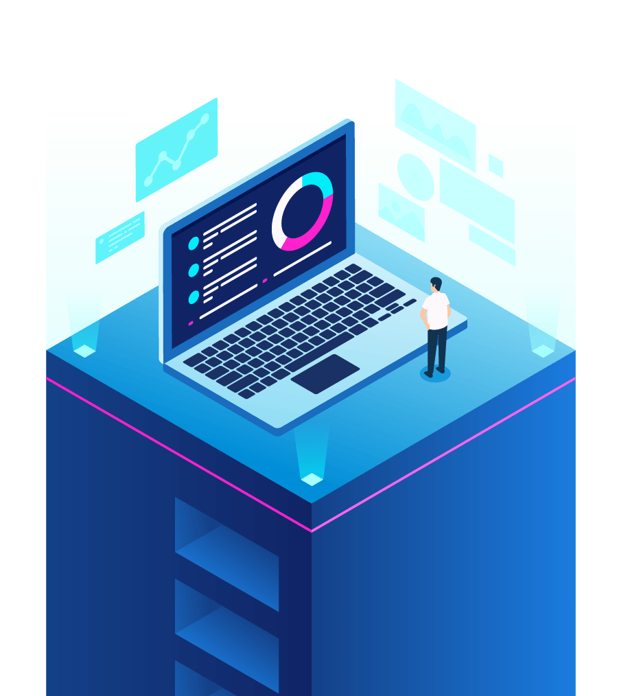 An isometric illustration of a man standing next to a laptop computer.