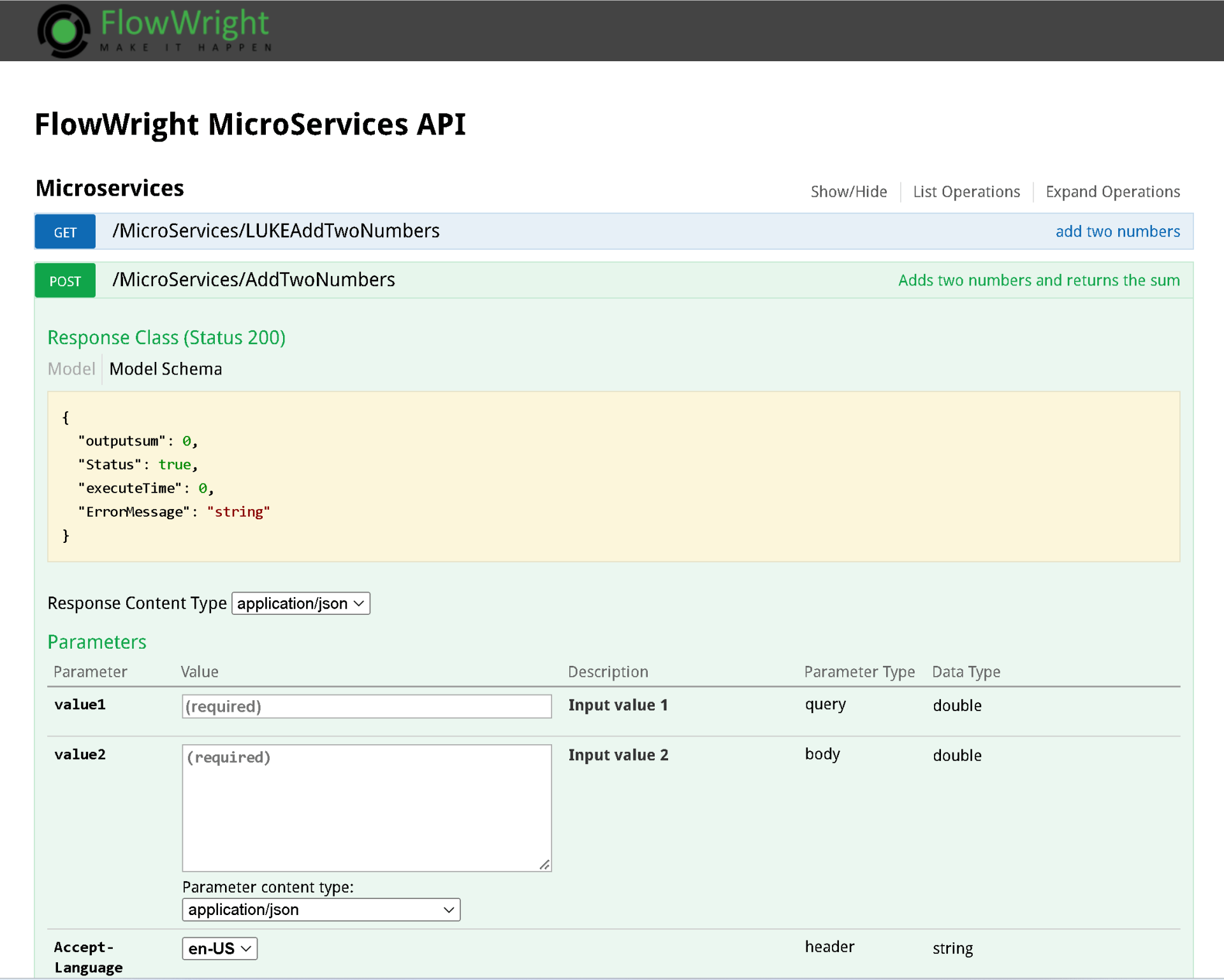 A screenshot of a flowwright microservices api page