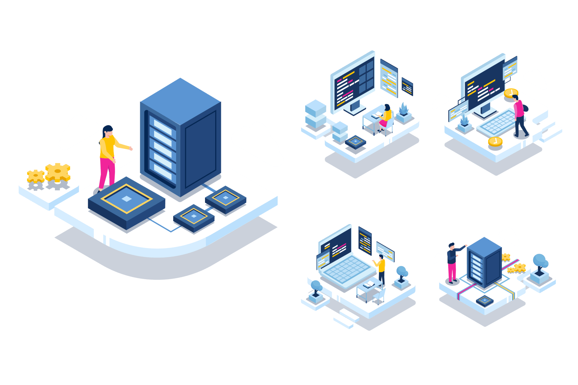 A set of isometric illustrations of people working on a computer.
