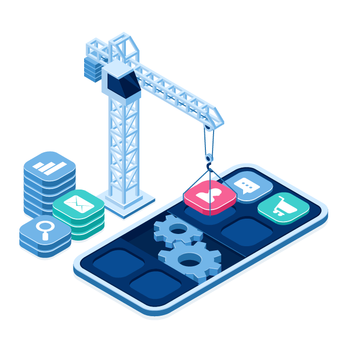 An isometric illustration of a phone being built with a crane.
