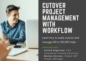 A man is sitting at a desk with a laptop in front of him and a poster that says cutover project management with workflow