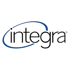 A blue and black logo for integra on a white background