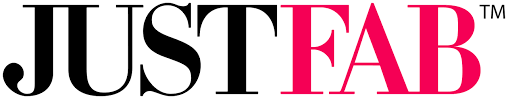 The logo for justfab is black and pink on a white background.