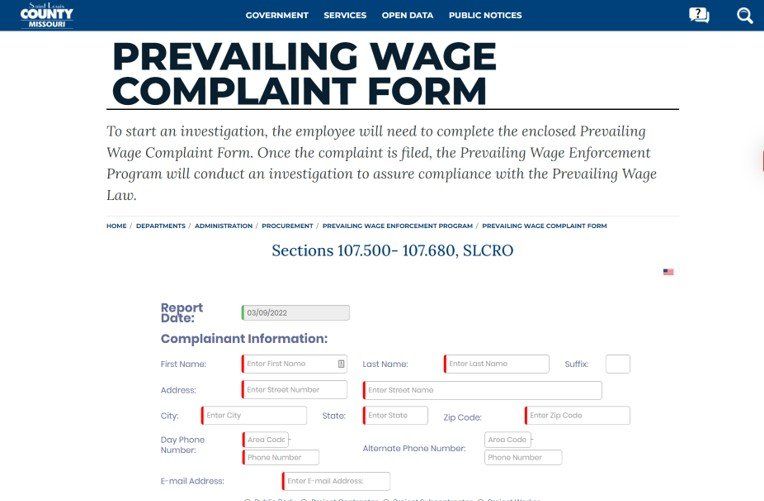 A screenshot of the prevailing wage complaint form.