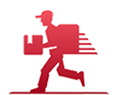A silhouette of a delivery man running with a bag and a box.