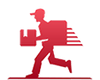 A silhouette of a delivery man running with a bag and a box.
